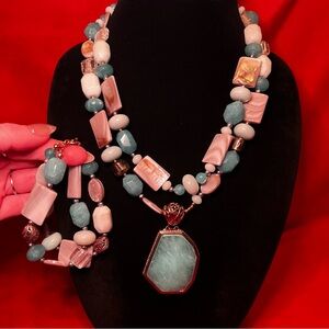 Barse Blue and Cream Stone & Shell Necklace & Bracelet Set